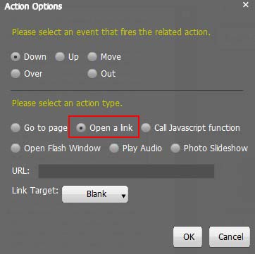  Click “Action Options” on the right and choose “Open a Link” to enter your website URL