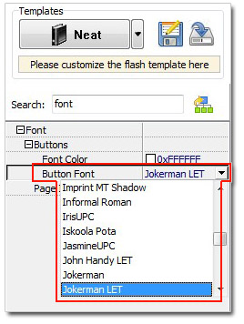 Change button font style for flash page flip book