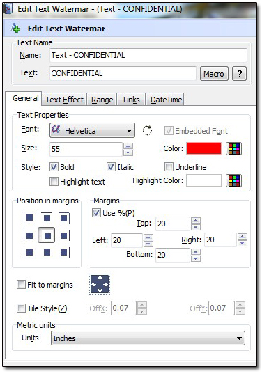 change watermark font style, size, color, position in “General” Tab