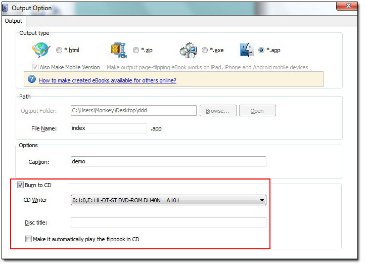 Tick “Burn to CD” of the Output Option interface